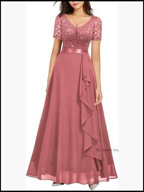 V-Neck Ruffle Floral Lace Trim Sequined Maxi Bridesmaid Dress